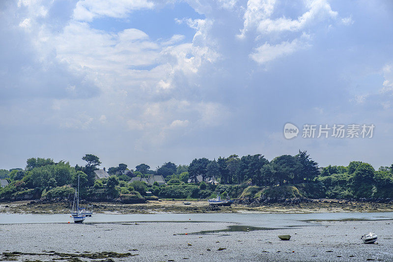 夏天，在法国布列塔尼Côtes d'Armor Bréhat岛退潮时的海湾